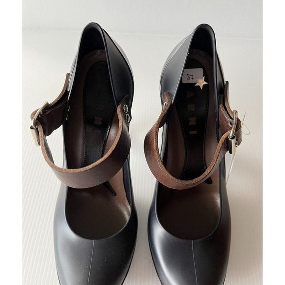 Marni Navy Blue Rubber Mary Jane Pumps Heels W/ Brown Strap Size 7 (US) 37 (IT) - Picture 4 of 11